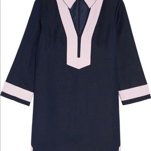 Eliza J Navy Shift Dress Pink Trim Mandarin Collar